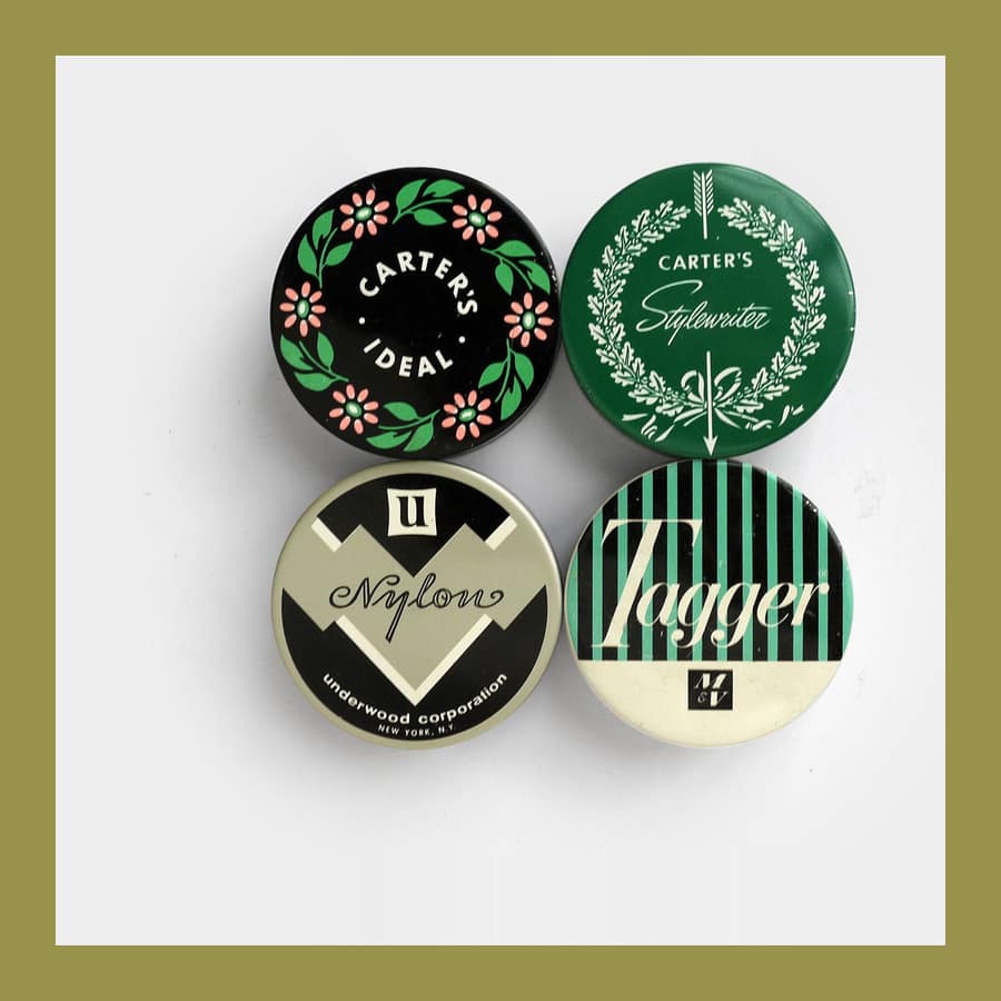 Four 1960s typewriter ribbon tins including the Carters Ideal design, printed in green and black