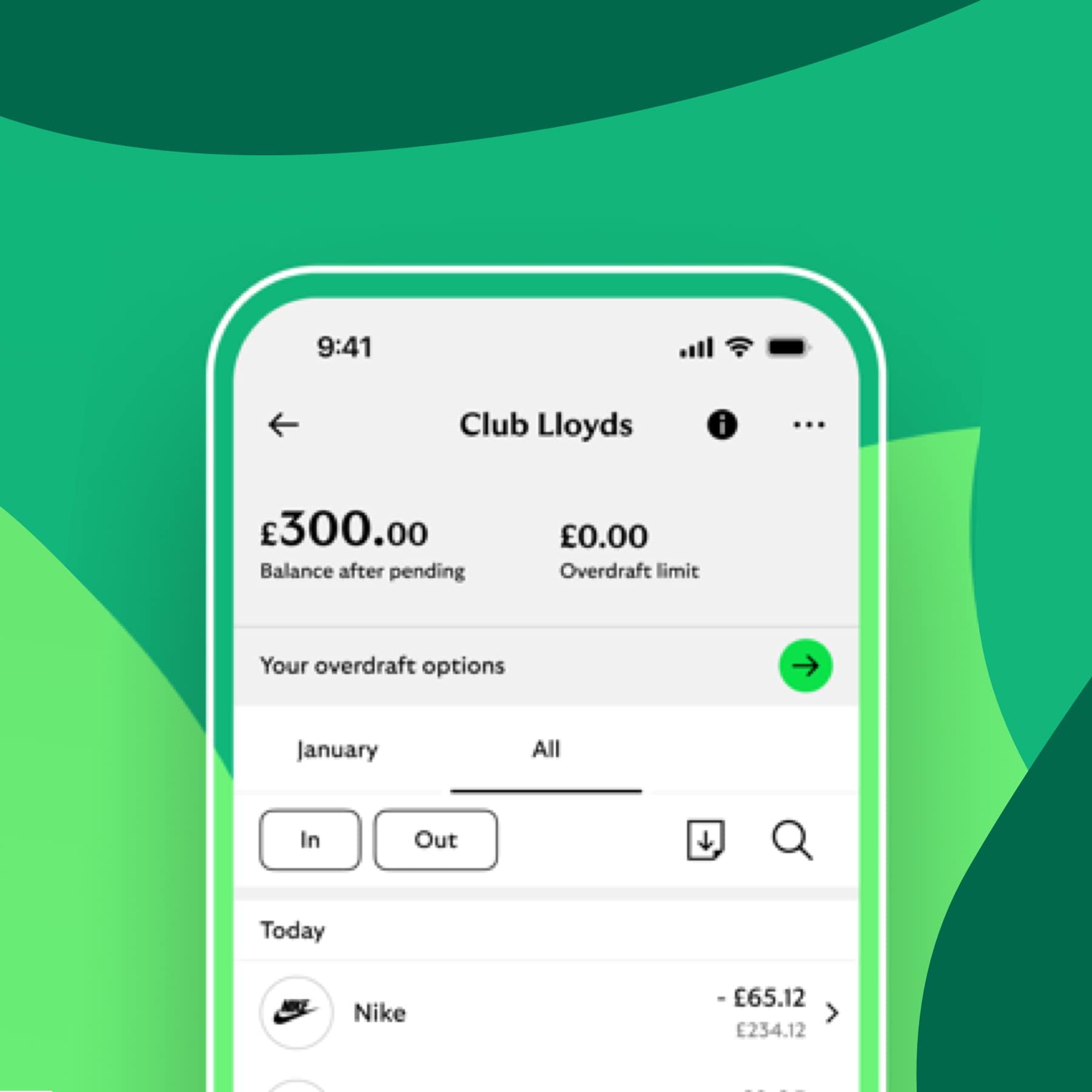Club Lloyds account screen in the Lloyds Bank app showing balance and overdraft