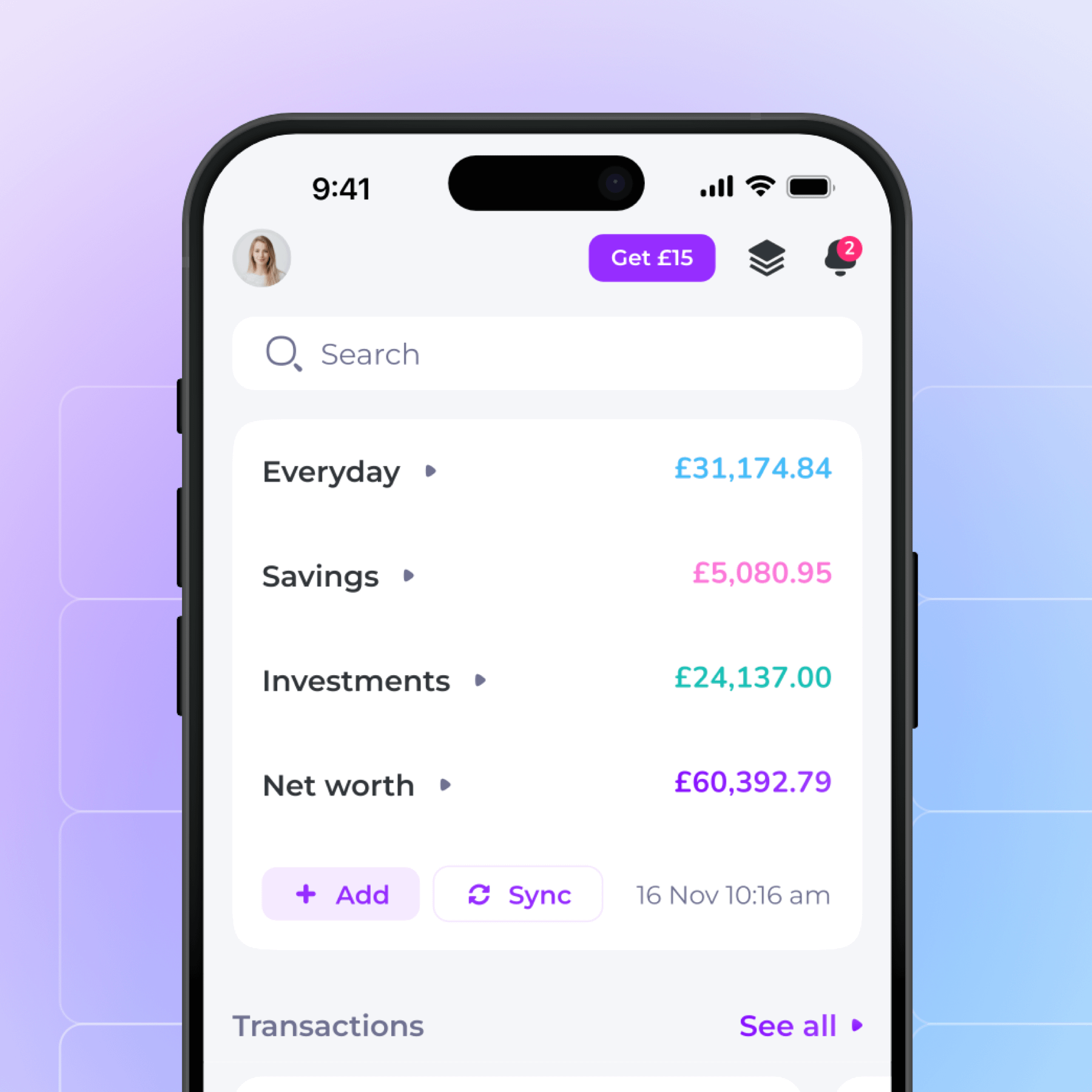 Emma app showing everyday, savings, investments and net worth in one place