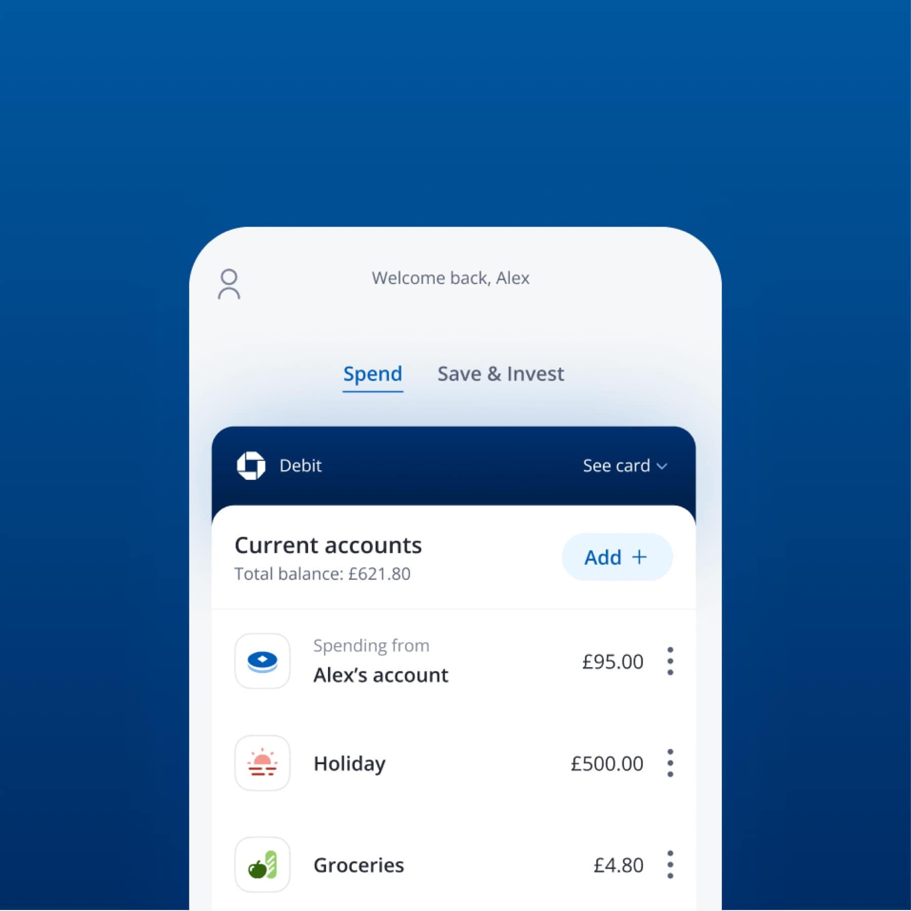 Chase UK banking app showing the Spend tab and current accounts overview