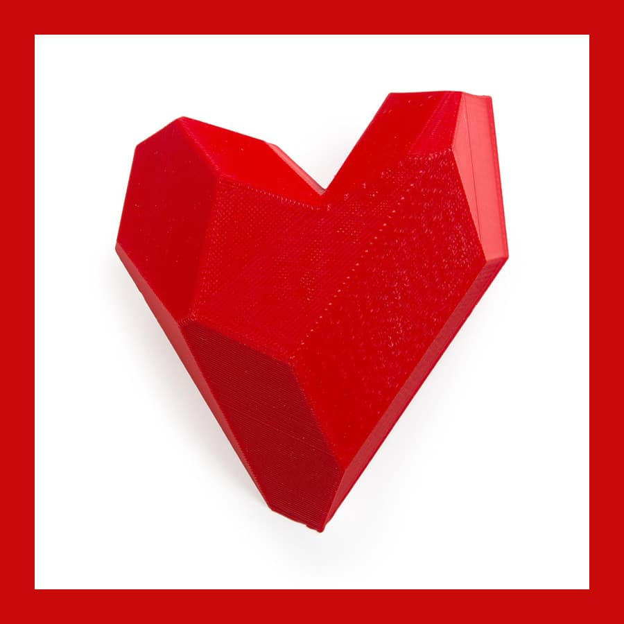 Maison 203 faceted red heart brooch, 3D printed in corn starch PLA