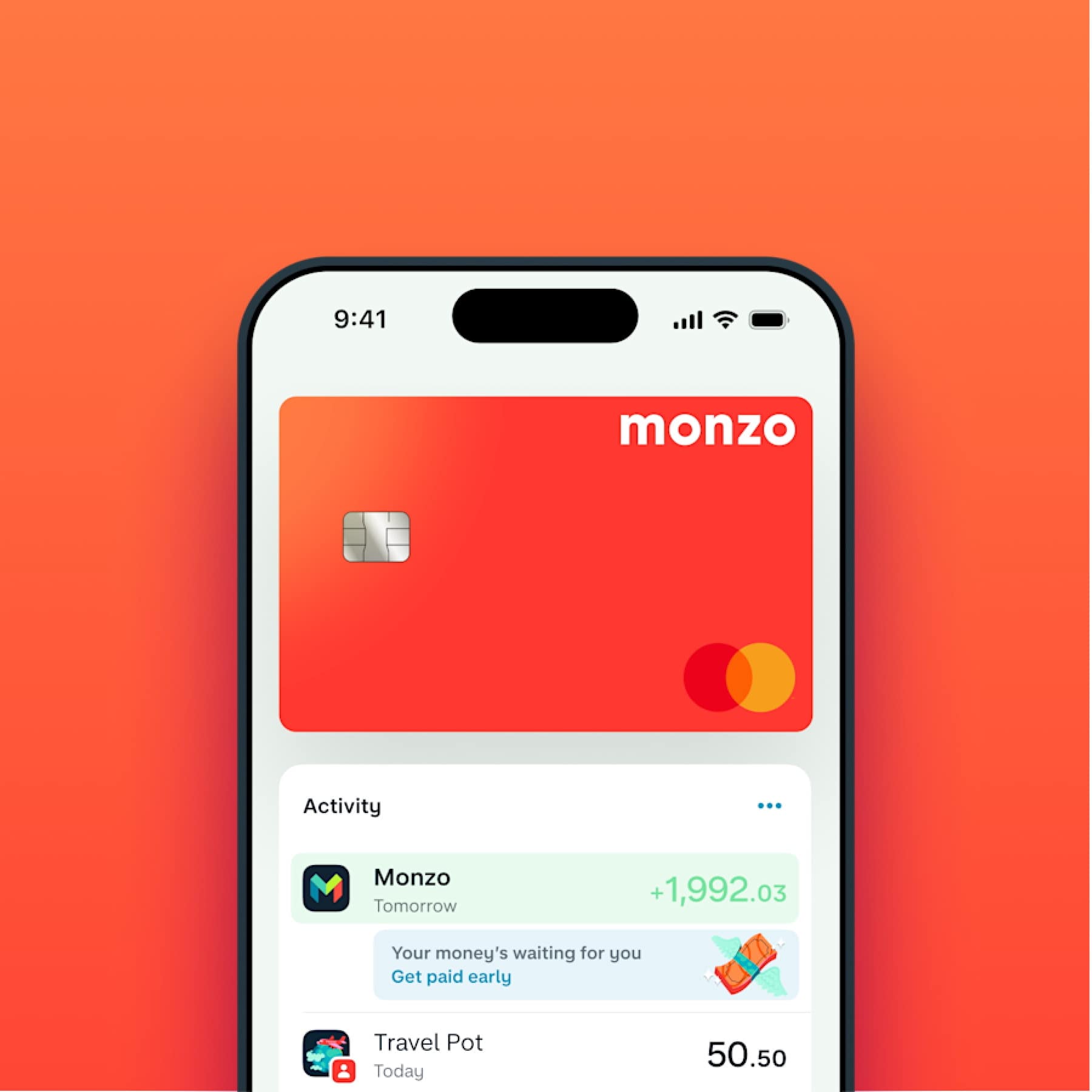 Monzo app showing the coral debit card and recent activity feed on an iPhone