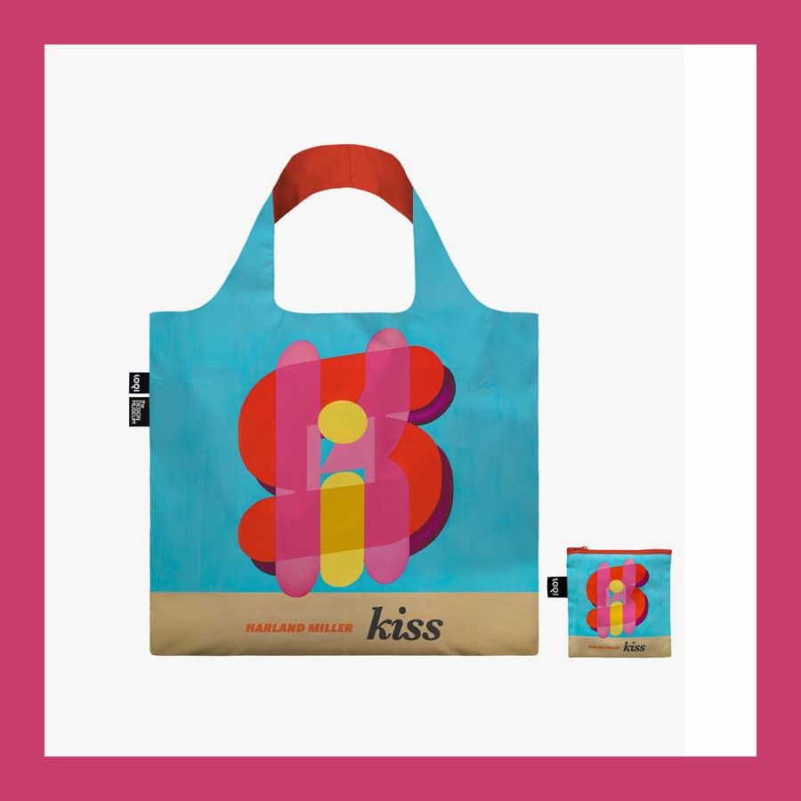 Harland Miller Kiss tote bag in turquoise, pink and red, sold at the Design Museum Shop